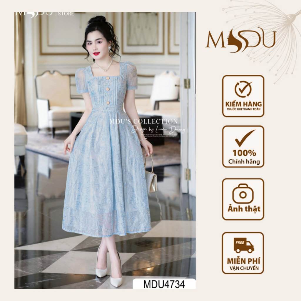 Váy Tiểu Thư MDU4734 Chất Linen Dệt Kim Tuyết Dáng Xòe Nhẹ Nhàng Kết Hợp Với Màu Xanh Pastel Từ MDU