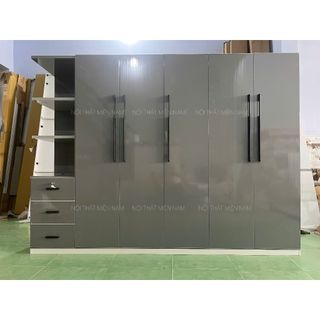 TỦ TREO QUẦN ÁO MÀU XÁM 5 CÁNH KÈM KẸ TRANG TRÍ KÍCH THƯỚC 1M8X2M4X47