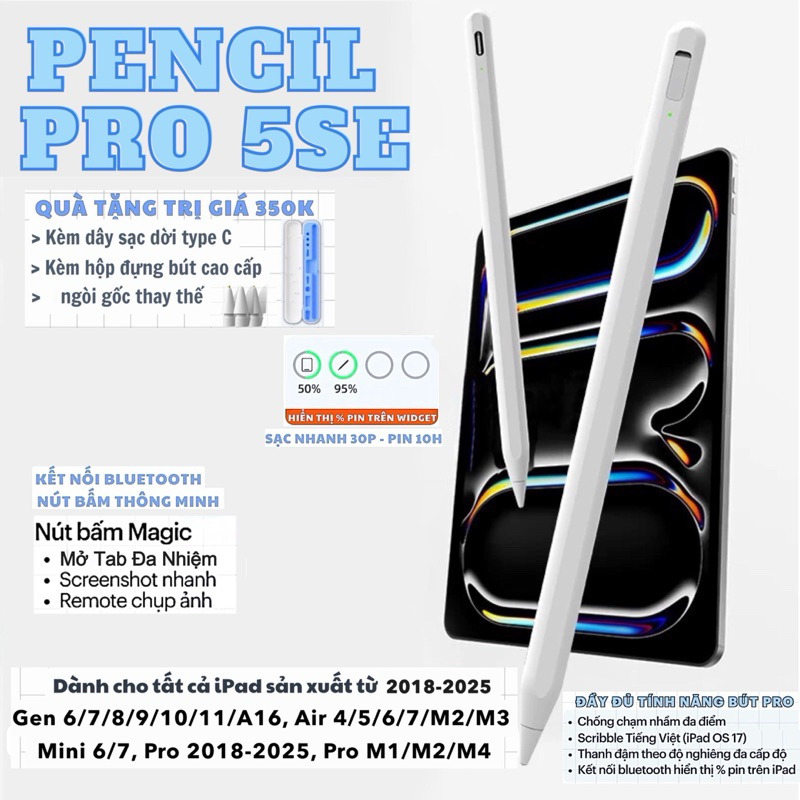 [Pencil 5SE] Bút cảm ứng chống tỳ đè TommyCase ,sạc nhanh type C, thay thế được ngòi kim loại