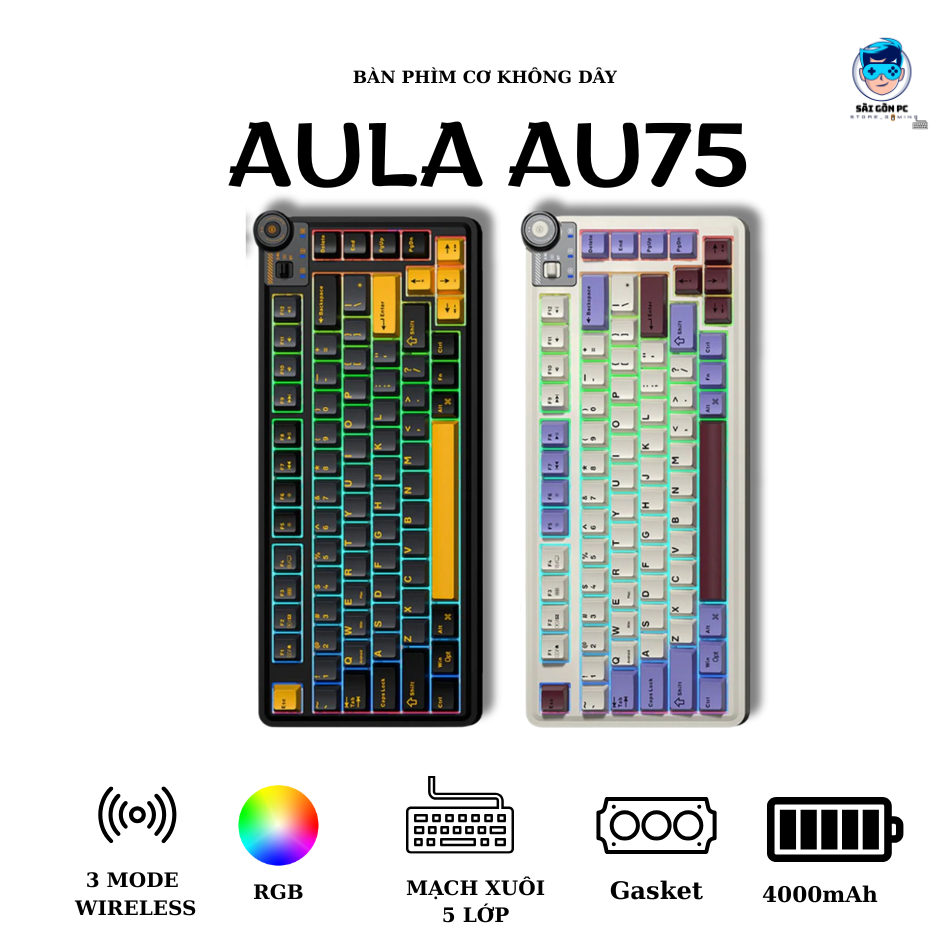 Bàn phím cơ Aula Au75 - 3 mode kết nối - Mạch xuôi - Led RGB - Núm vặn - Có app tùy chỉnh