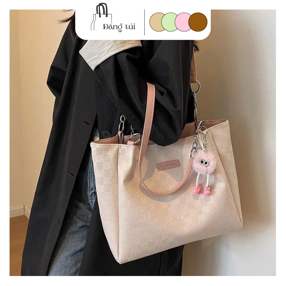 Túi nữ đeo vai công sở, túi tote da pu vân caro ô vuông size lớn đựng vừa a4 kèm charm gấu phong cách Đăng Túi DK161