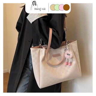 Túi nữ đeo vai công sở, túi tote da pu vân caro ô vuông size lớn đựng vừa a4 kèm charm gấu phong cách Đăng Túi DK161
