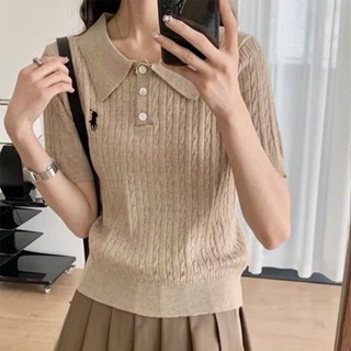 (HÀNG LOẠI 1- CÓ SẴN) Áo len dệt kim cổ polo thêu ngựa, Áo len vặn thừng mỏng cộc tay xinh xắn cho nữ  ALCT115
