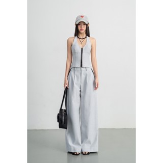 Set Áo Corset Gile Kẻ Sọc Cổ Yếm và Quần Kẻ Sọc Ống Rộng Phối Ren Đen - HOO DESIGN