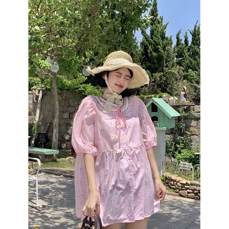 Đầm babydoll cổ phối len tay phồng
