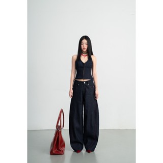 Set Áo Jean Corset Gile Cổ Yếm và Quần Jeans Ống Rộng - HOO DESIGN