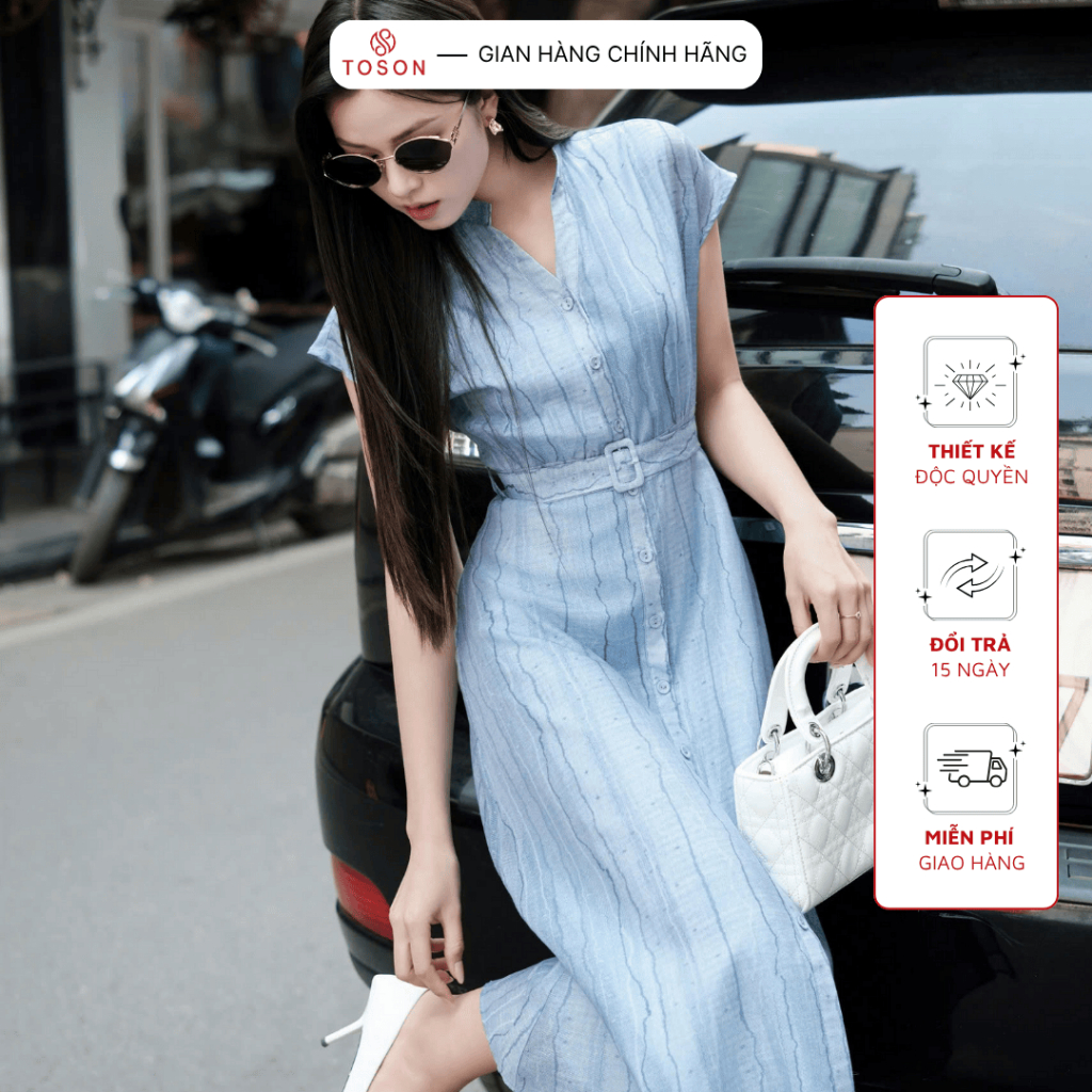 Đầm xòe tơ kẻ xanh vai chờm thanh lịch TOSON FASHION – Thời trang thiết kế công sở nữ