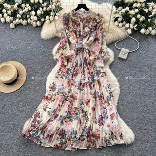 #4982 [Sẵn một số màu] Đầm Quảng Châu dài tay hoa nhí xếp ly có lót trong kèm thắt lưng tiểu thư vintage siêu xinh