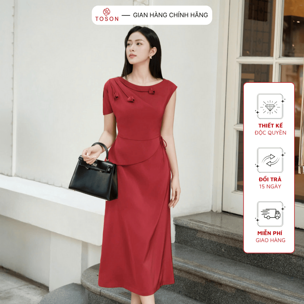Đầm lụa đỏ xẻ vai đính hoa 3D thanh lịch TOSON FASHION – Thời trang thiết kế công sở nữ