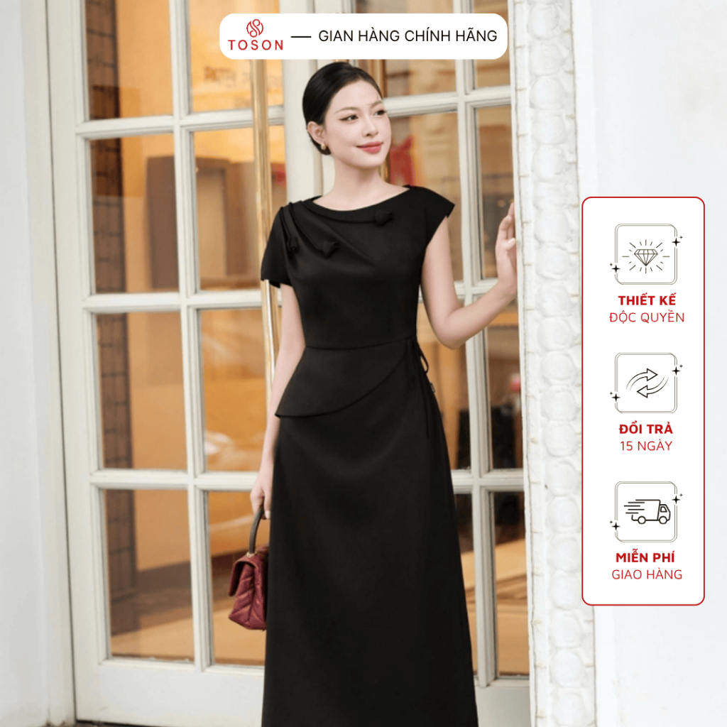 Đầm lụa đen xẻ vai đính hoa 3D tinh tế TOSON FASHION 44044B95 – Thời trang thiết kế công sở nữ