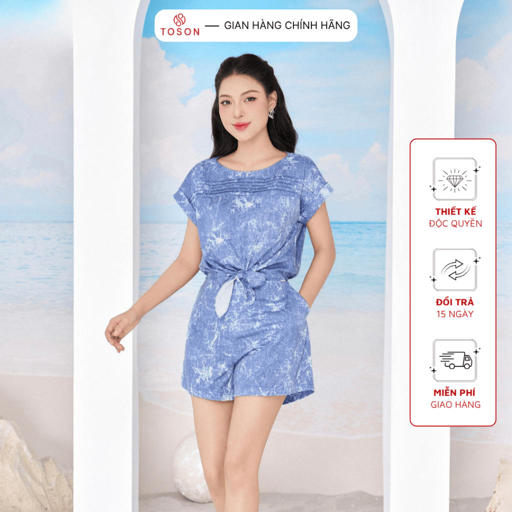 Bộ cotton bò loang áo buộc gấu, quần short cá tính TOSON FASHION – Thời trang thiết kế công sở nữ