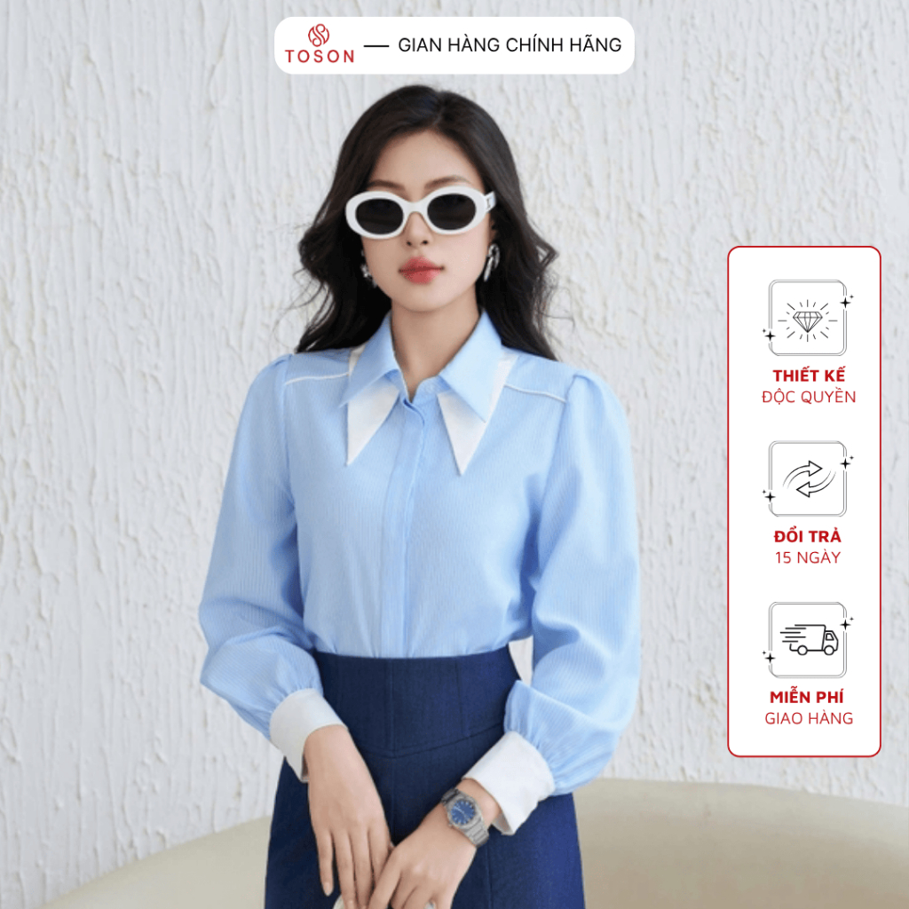 Áo thô xanh kẻ cổ đức phối trắng tôn dáng, thanh lịch TOSON FASHION – Thời trang thiết kế công sở nữ