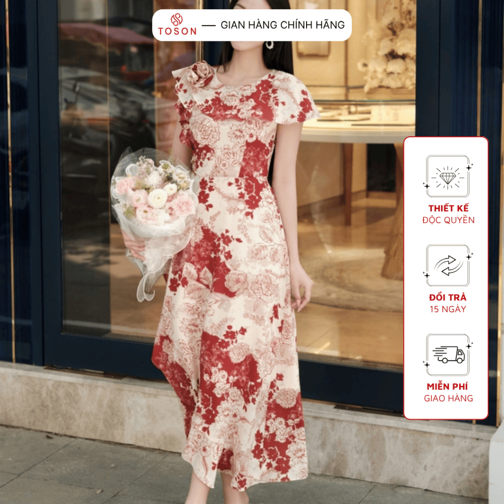 Đầm xòe lụa silk hoa đỏ tinh tế TOSON FASHION – Thời trang thiết kế công sở nữ