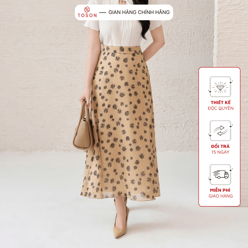 Chân váy xoè nâu in hoa nhỏ nền nã, tôn dáng TOSON FASHION – Thời trang thiết kế công sở nữ
