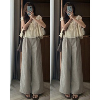  SET ÁO BABY DOLL KEM XÔ THÊU HOA ĐỤC LỖ TRỄ VAI VIỀN REN TRẮNG THẮT NƠ + QUẦN ỐNG RỘNG SỌC TRẮNG ĐEN  TH  