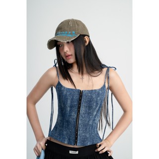 Áo 2 Dây Móc Cài Trước Phối Dây Kéo Sau Lưng Vải Denim Wash Màu Xanh - HOO DESIGN