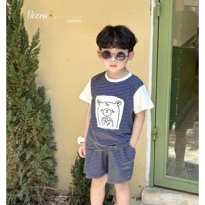 Set cộc tay Beemo kẻ ngang thêu hình lạc đà vải cotton thoáng mát cho bé trai từ 9-24kg 5189BHB