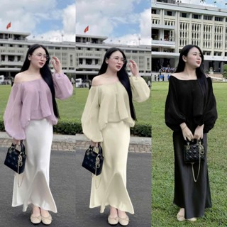 S933 (TÁO ĐỎ BIGSIZE 55-90KG) SET 2 MÓN BIGSIZE ÁO BẸT VAI TAY PHỒNG + CHÂN VÁY LỤA ĐUÔI CÁ