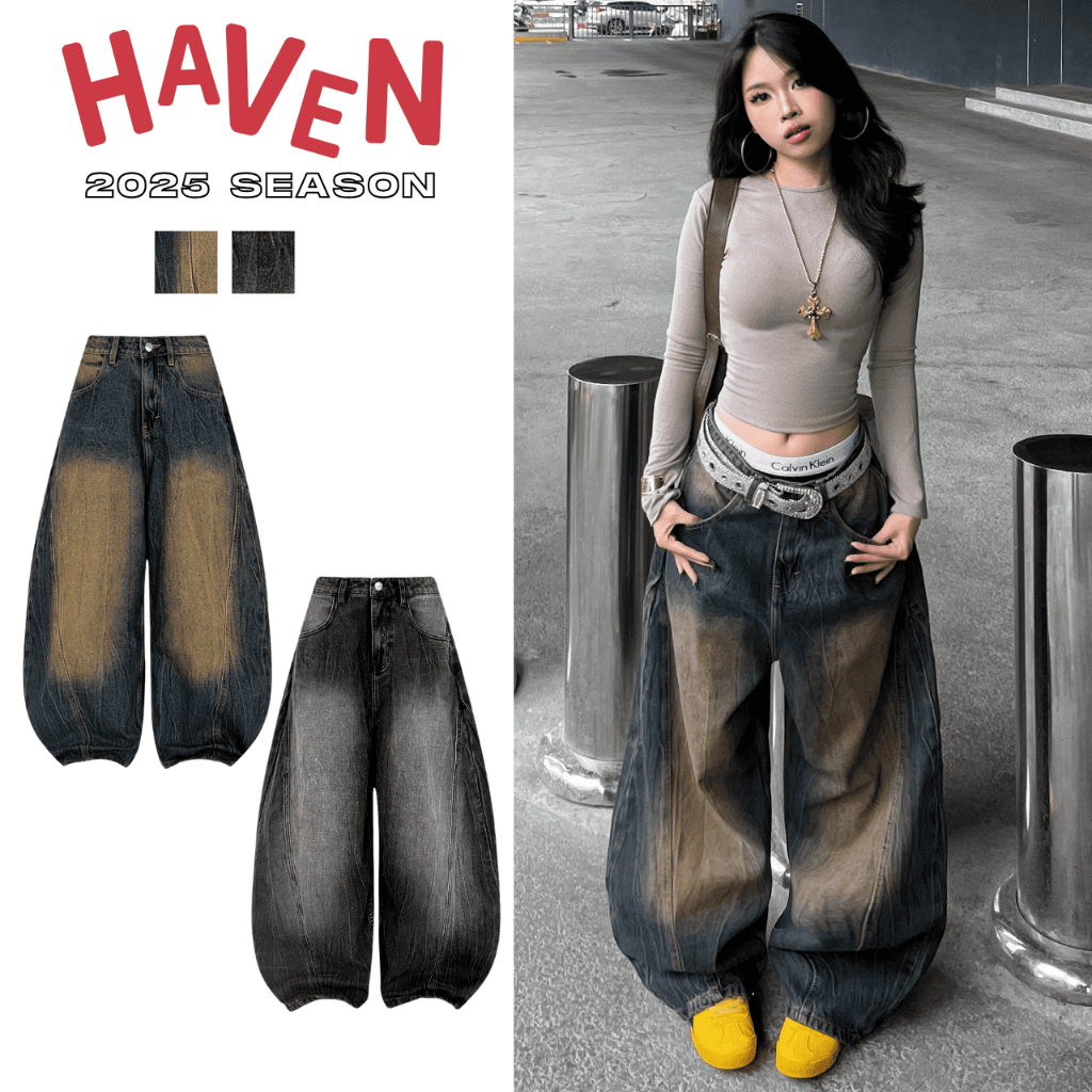 Quần jeans ống cong hiệu ứng BÓ GÃY nam nữ Haven Studio jeans ống cong phong cách Retro màu vàng dơ và màu wash đen
