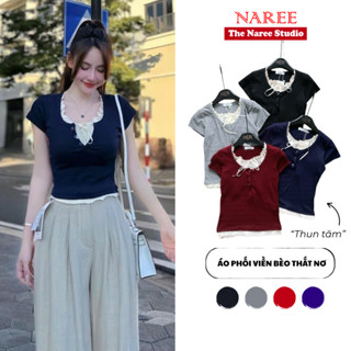 Áo Phối Viền Bèo Thắt Nơ NAREE, Áo Thun Tăm Cộc Tay Ôm Body Tôn Dáng Tôn Da Style Hàn Quốc 392Q