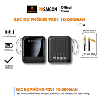 Sạc Dự Phòng P301 Nhỏ Gọn Tiện Lợi 10000mAh Tích Hợp 4 Dây Sạc Nhanh Đồng Thời Nhiều Thiết Bị 