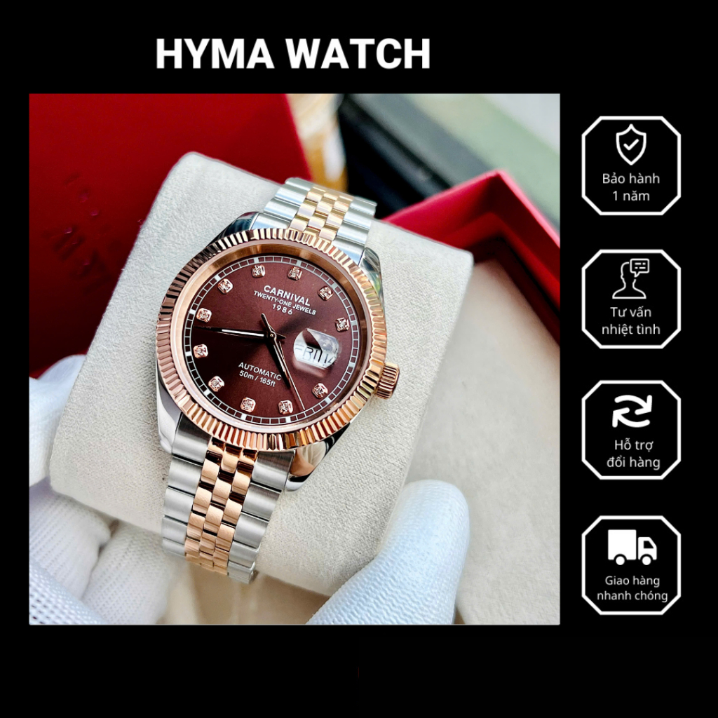 Đồng hồ cơ Nam Carnival 8131G Dây thép Kính sapphire Bảo hành 5 năm Hyma Watch