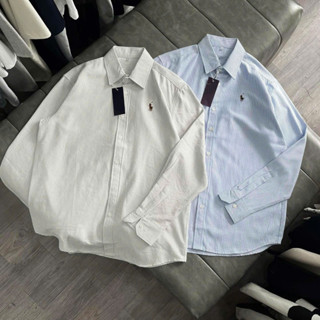 Áo Sơ Mi Kẻ Sọc Xanh Sọc Xám Dài Tay Thêu Hình Ngựa Cực Đẹp,Áo Sơ Mi Nam Nữ Vải Cotton Hottrend 2025