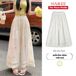Quần Ống Rộng Nữ Lưng Cao Thêu Hoa NAREE, Quần Ống Suông Đứng Tôn Dáng Dài Cạp Chun Ren Hoa 405Q