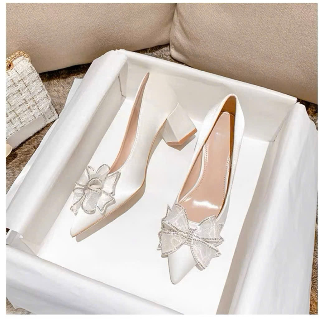  Giày nữ cao gót đế vuông 5 phân nơ đá cho nàng công sở a1nda 