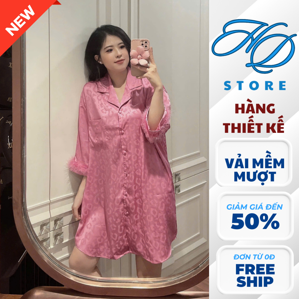 [Hoả Tốc HCM] Váy Sơ Mi Đầm Ngủ Lụa Gấm Phối Lông Vũ Freesize 40kg đến 60kg Váy Ngủ - HD STORE