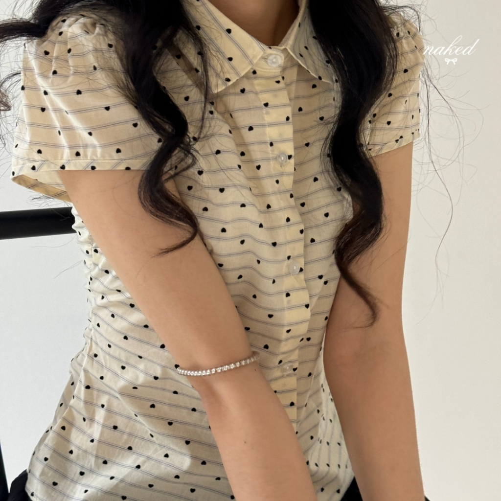 Áo sơ mi tay bồng nữ NAKEDbyV sơmi tay ngắn dáng babytee kẻ phối chấm bi LULU SHIRT | BigBuy360 - bigbuy360.vn