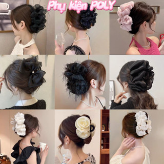 Kẹp Tóc Càng Cua Nơ To Phồng Đẹp Đính Lông Vũ Size to 13cm Phong Cách Thanh Lịch Dành Cho Nữ
