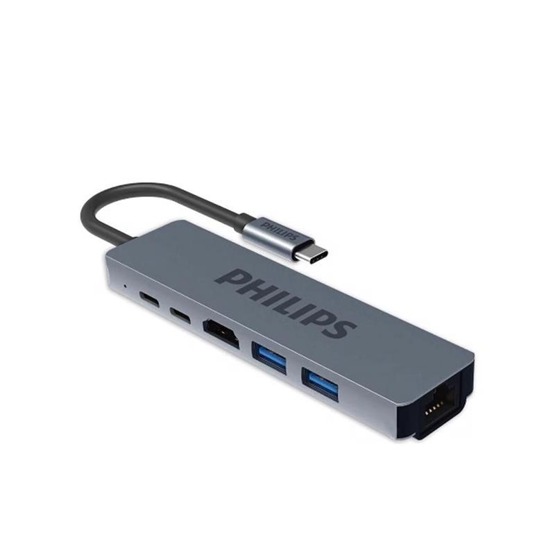 HUB Chuyển đổi PHILIPS 6 In 1 SWV6116G | USB-C To HDMI+USB*2+PD+RJ45 - Bảo Hành 12 Tháng