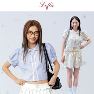 LOLLIE STUDIO - Áo sơ mi cổ sen cộc tay cài cúc phối ren Midori Shirt TKA406 thiết kế tay bồng họa tiết kẻ
