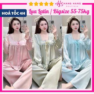 Đồ ngủ nữ bigsize 55-75kg, pijama dài tay cổ vuông nơ lụa latin mịn mát 75DD16, đồ bộ nữ đồ mặc nhà tiểu thư trơn sang