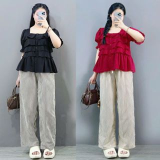 Set bộ bigsize nữ áo kiểu phối bèo tiểu thư kèm quần dài ống suông xinh xắn cho nàng chuppy - SET( SM36+Q534)