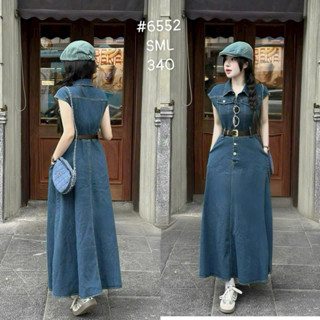 (tặng kèm đai ) Váy Jeans Nữ Áo Cổ Đức Sát Nách Dáng Dài Xoẻ Rộng Size 40-72kg