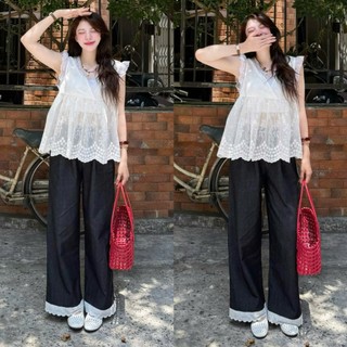   ẢNH OLDSCHOOL  Quần jeans nữ ống suông bò giấy chất mềm phối ren gấu QC3525 