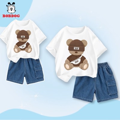 Đồ bộ bé trai BOBDOG, set áo thun cotton quần short bò in hình gấu -CF-KS29 cute cho bé