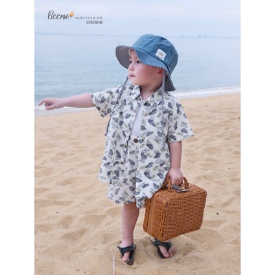 Set sơ mi cộc tay Beemo in tràn lá dừa vải thô hàn cao cấp cho bé trai từ 9-24kg 5182BHB