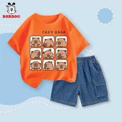 Đồ bộ bé trai mùa hè BOBDOG, áo thun cotton phói quần đùi jean in hình capybara -CF-KS46 cute dễ thương cho bé