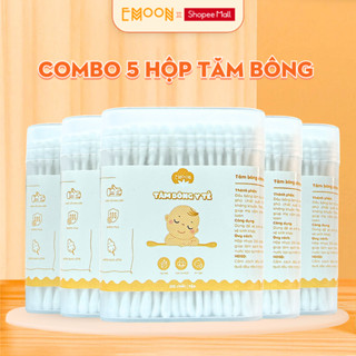 Combo 5 hộp tăm bông ngoáy tai cho bé Emoon 2 đầu tròn và dẹt kháng khuẩn, thân thiện với môi trường hộp 200 chiếc