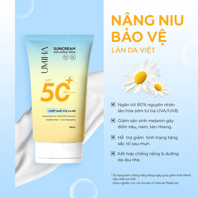 Kem chống nắng nâng tone SPF 50, PA++++ UMIHA 50ml chiết xuất Cúc La Mã, bảo vệ da dưới tia UVA & UVB phổ rộng