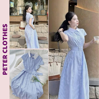Set váy nữ, đầm nữ cao cấp thiết kế cổ phối trắng tone màu xanh kèm đai eo siêu xinh PETER CLOTHES hcom26296