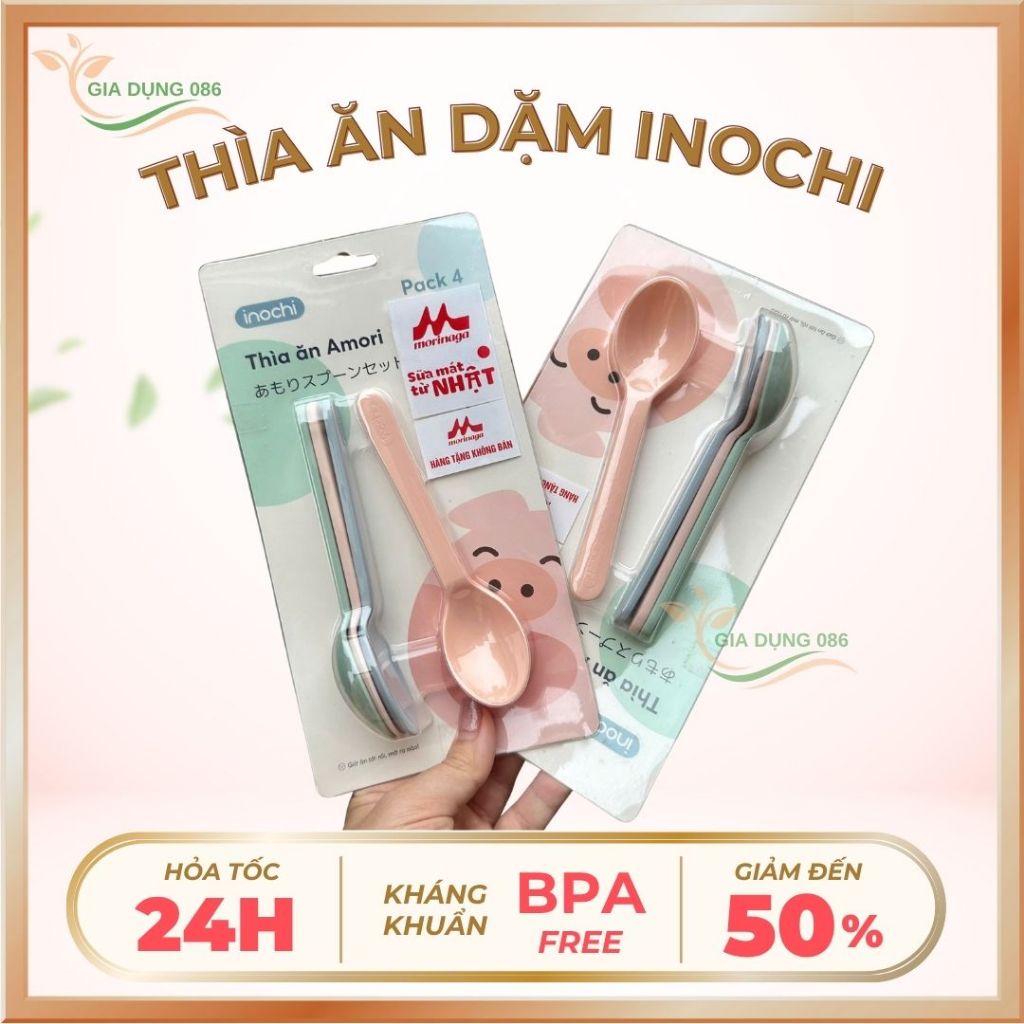 Set 4 thìa ăn cho bé Inochi Amore kháng khuẩn không BVA, Thìa ăn dặm cho bé nhựa cao cấp