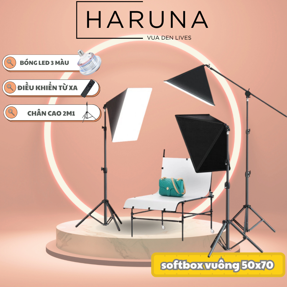 Đèn studio Bộ sofbox vuông 50x70 hỗ trợ ánh sáng livesatream chụp hình 3 màu sáng mịn chân cao 2m