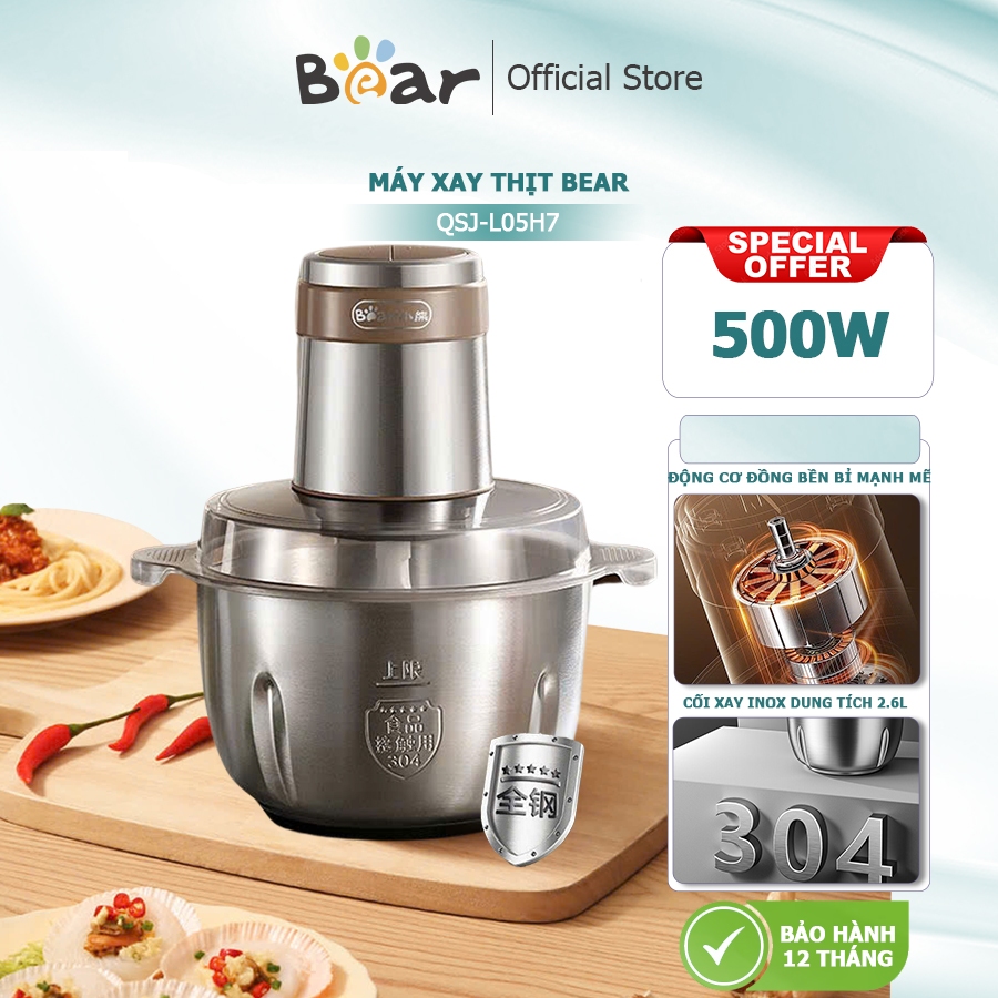 Máy xay thịt Bear QSJ-L05H7 cối INOX 2.6L CAO CẤP, Máy xay thực phẩm đa năng động cơ mạnh mẽ 500W xay rau củ, sinh tố