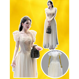 Đầm Váy trắng tiểu thư công chúa ren hoa 3D phối lưới bigsize tay cánh tiên cổ vuông tay hến cô dâu dự tiệc cưới LUX