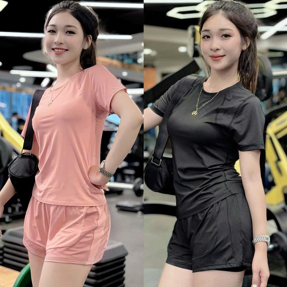 Bộ Quần Áo Tập Gym Yoga Erobic Chạy Bộ Đạp Xe Nữ, Bộ Thể Thao Nữ Áo Phủ Bụng Phối Lưới Quần Đùi 2 Lớp Có Túi(NG10)