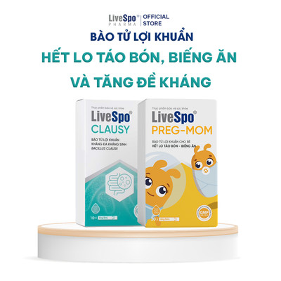 Combo Giảm rối loạn tiêu hóa, táo bón, biếng ăn ở trẻ, 1 hộp LiveSpo Clausy - 1 hộp LiveSpo Pregmom